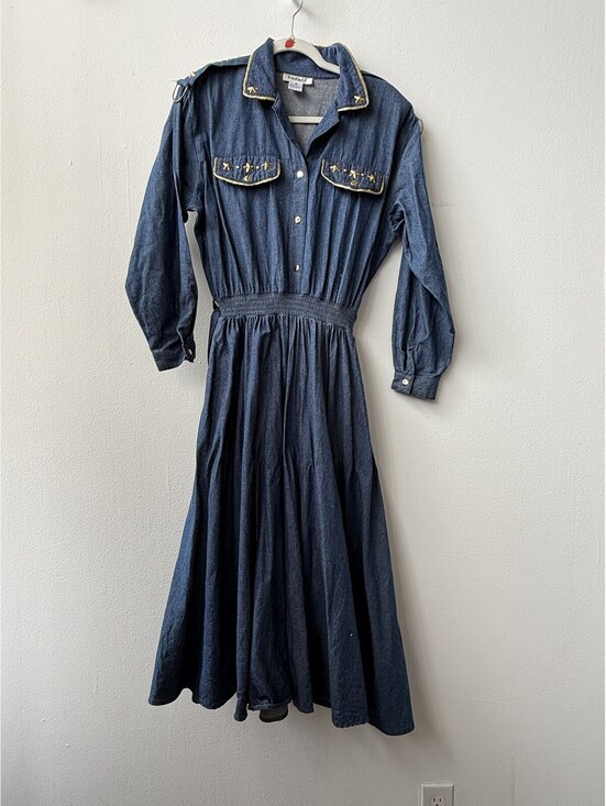 Rafael Dresses & Skirts - Vintage 80s Rafael Gold Star Studded Denim Maxi Dress 100% Cotton Western Small